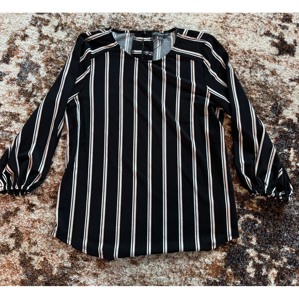 Adrianna Papell Black Striped Blouse – Elegant Workwear Top Size S Bell Sleeve
